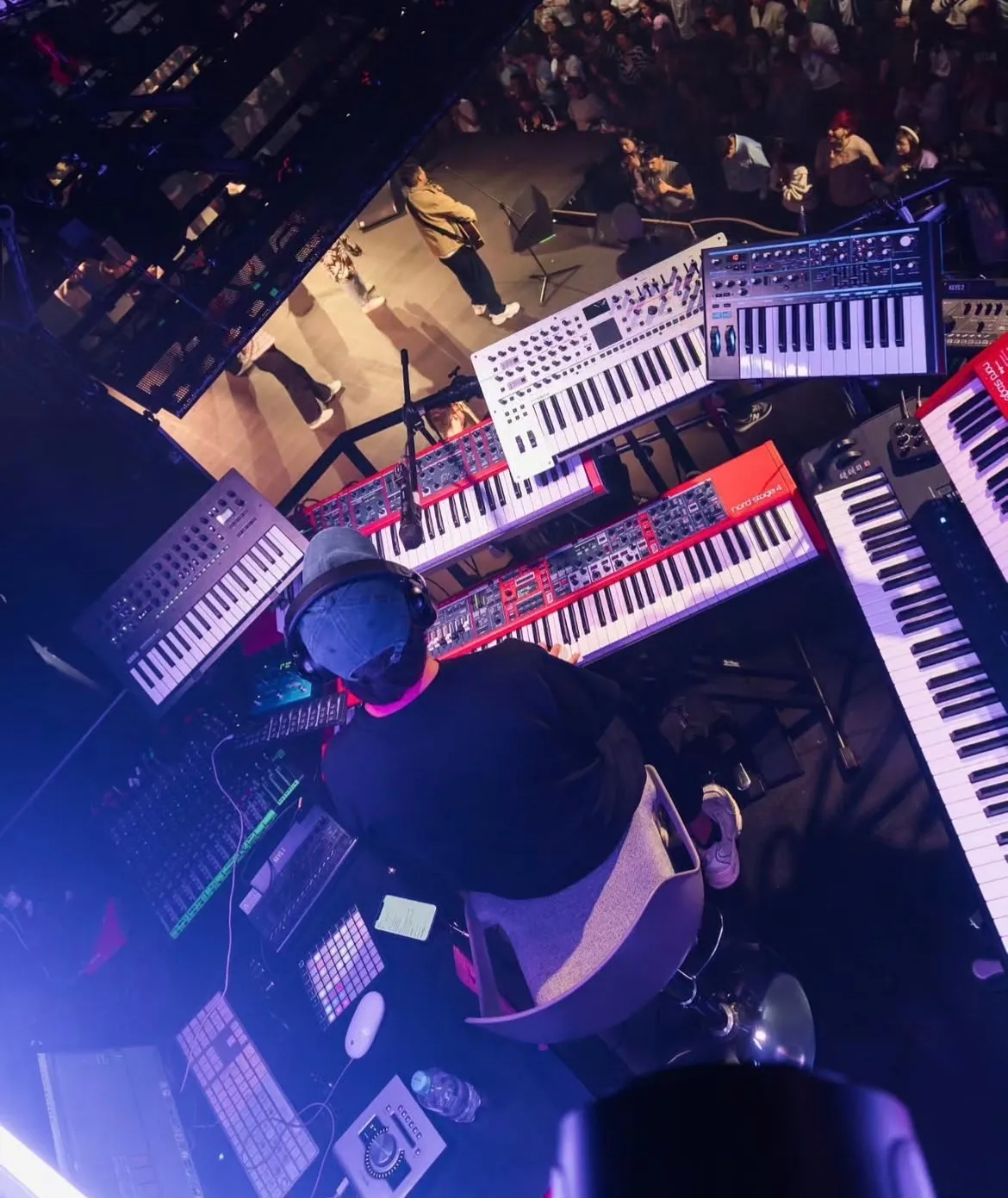 Overhead view of Sergio Bustos's rig — Nord Stage 4, synthesizers and controllers